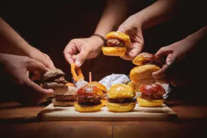 Small bite-sized party food on a table